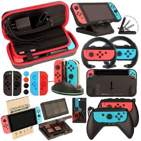 حزمة ملحقات Switch لجهاز Nintendo Switch: حقيبة الحمل، واقي الشاشة، مقابض Joycon، عجلات القيادة، قاعدة الشحن، حامل اللعب، حافظة Joy-Con المريحة والمزيد (23 في 1)