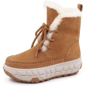 Womens Snow Boots Genuine Suede Faux Fur Lining Warm Lace Up Walking Boots Anti-Slip Cozy Outdoor Ankle Boots