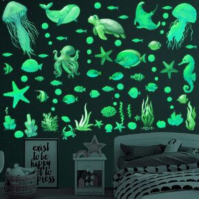 Ocean Fish Wall Decals,Glow in The Dark Under The Sea Wall Decals Sea Life Animals Wall Stickers Removable Waterproof Peel and Stick for Boys Kids Bathroom Watercolor Ocean Creatures Decor(Upgrade)