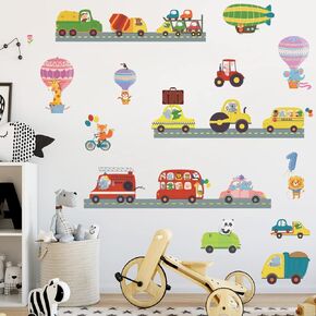 LiveGallery Cartoon Animals Bus Wall Stickers Car Truck Wall Decals DIY Removable Hot Air Balloon Wall Sticker for Child Boys Room Kids Bedroom Playroom Nursery Classroom Living Room Walls Decoration (A)
