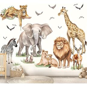 wondever Large Safari Animals Wall Stickers Jungle Lion Leopard Giraffe Peel and Stick Wall Art Decals for Baby Nursery Kids Bedroom Living Room