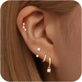 4 Pairs Gold Hoop Earrings Set for Women Dangle Stack 14k Gold Plated Huggie Earrings Trendy Multiple Piercing Hypoallergenic Stud Earrings CZ Gold Ear Cuff Earrings Non Tarnish Jewelry