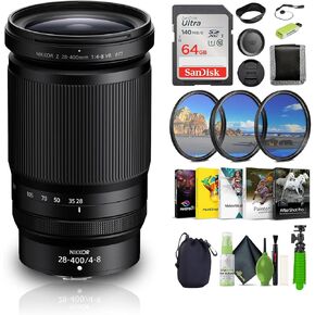 Nikon NIKKOR Z 28-400mm f/4-8 VR Mirrorless Lens + Memory Card Wallet + Ultra 64GB Memory Card + Card Reader + 3 Piece Filter Kit + 12 Inch Flex Tripod + Photo Editing Software + More