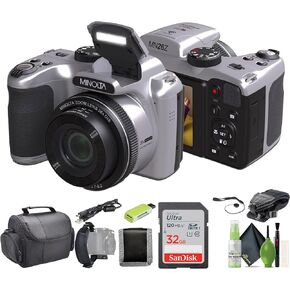 Minolta 20 Mega Pixels 26x Optical Zoom Digital Camera with 1080p FHD Video Bundle with 32 GB Memory Card + Vlogging Tripod + Cleaning kit + More Accessories - Purple