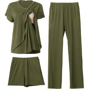 Rnxrbb V Neck Nursing Pajamas Set Postpartum Pajama Maternity Breastfeeding Pjs for Women 3 Pack Double Layer with Pockets in Kuwait