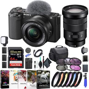 Sony ZV-E10 Mirrorless Camera with 16-50mm Lens Black ILCZV-E10L/B, Sony 18-105mm Lens, 64GB Memory Card, Color Filter Kit, Filter Kit, Corel Photo Software, Bag, and More