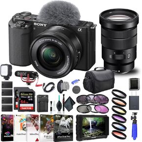 Sony ZV-E10 Mirrorless Camera with 16-50mm Lens Black ILCZV-E10L/B, Sony 18-105mm Lens, 4K Monitor, Pro Mic, 2 x 64GB Memory Card, Color Filter Kit, Filter Kit, and More