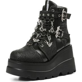 Tscoyuki Goth Platform Ankle Boots for Women - Bat Buckle Straps Rave Boots Zip Round Toe Combat Boots Womens Chunky Wedges High Heels Moto Booties