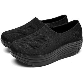 Women's Knitted Platform Slip On Walking Sneakers,Comfort Lightweight Arch Support Non Slip Casual Mesh Breathable Workout Work Shoes
