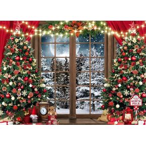 CHAIYA 7X5FT Christmas Backdrop Christmas Window Background Red Christmas Curtain Background Winter Snow Xmas Tree Gift Christmas Family Party Background New Year Party Backdrop