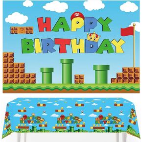 Video Game Backdrop Party Decorations, Super Brother Backdrop Birthday Banner with Disposable Tablecover Set, Photography Background and Tablecloth for Game Brothers Party Supplies