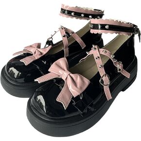 Kawaii Y2K Gothic Lolita Round Toe Chunky Heels Pink Bows Trim Rivet Straps Black Mary Jane Platform Shoes