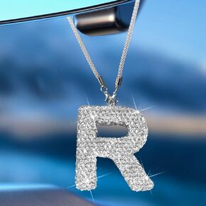 Bling Car Letter Charm, Rear View Mirror Ornament Cute Hanging Crystal Pendant Bling Car Accessories, Lucky Diamond Rhinestone Women Charm Auto Decoration (White K)