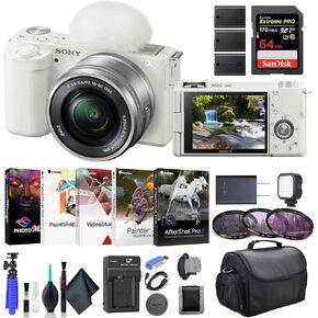 Sony ZV-E10 Mirrorless Camera with 16-50mm Lens White ILCZV-E10L/W, 64GB Memory Card, Filter Kit, Corel Photo Software, Bag, 2 x NPF-W50 Battery, External Charger, Card Reader, and More