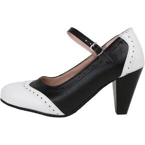 Women's Mary Jane Oxford Two Tone Pumps Vintage Round Closed with Ankle Strap Cute Low Kitten Heels Classic Cut-Out Tango Party Office Lady Pumps Dress Shoe