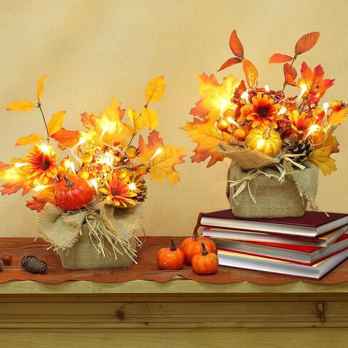 [ 2 Styles & Lighted ] 2 Pack 11 Inch Fall Maple Tree Decor, Artificial Tabletop Fall Tree with 20 LEDs Battery Powered Fall leafed Pumpkin Cones Berried Flower Thanksgiving Fall Decorations for Home in Saudi Arabia