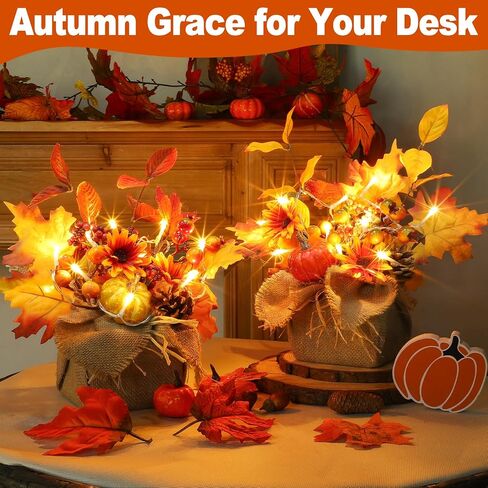 [ 2 Styles & Lighted ] 2 Pack 11 Inch Fall Maple Tree Decor, Artificial Tabletop Fall Tree with 20 LEDs Battery Powered Fall leafed Pumpkin Cones Berried Flower Thanksgiving Fall Decorations for Home in Saudi Arabia