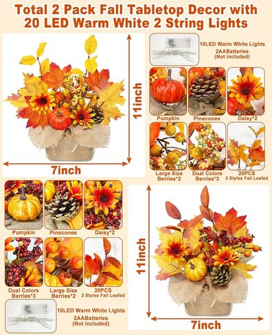 [ 2 Styles & Lighted ] 2 Pack 11 Inch Fall Maple Tree Decor, Artificial Tabletop Fall Tree with 20 LEDs Battery Powered Fall leafed Pumpkin Cones Berried Flower Thanksgiving Fall Decorations for Home in Saudi Arabia