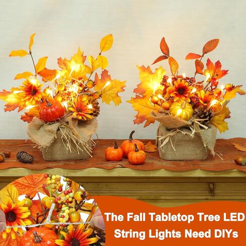[ 2 Styles & Lighted ] 2 Pack 11 Inch Fall Maple Tree Decor, Artificial Tabletop Fall Tree with 20 LEDs Battery Powered Fall leafed Pumpkin Cones Berried Flower Thanksgiving Fall Decorations for Home in Saudi Arabia