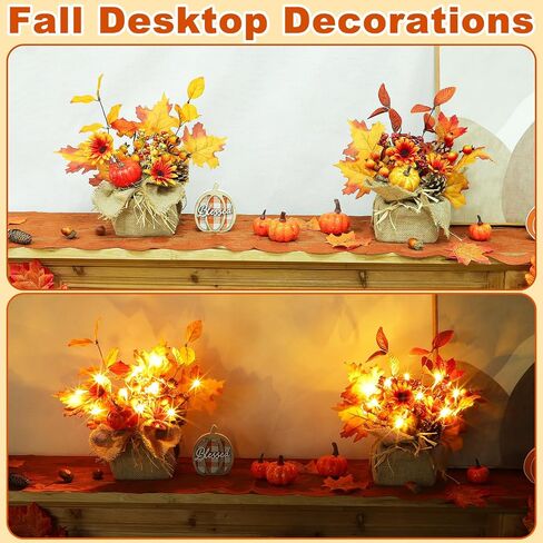 [ 2 Styles & Lighted ] 2 Pack 11 Inch Fall Maple Tree Decor, Artificial Tabletop Fall Tree with 20 LEDs Battery Powered Fall leafed Pumpkin Cones Berried Flower Thanksgiving Fall Decorations for Home in Saudi Arabia