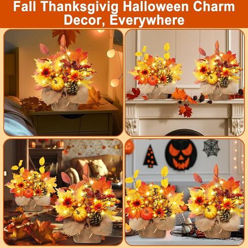 [ 2 Styles & Lighted ] 2 Pack 11 Inch Fall Maple Tree Decor, Artificial Tabletop Fall Tree with 20 LEDs Battery Powered Fall leafed Pumpkin Cones Berried Flower Thanksgiving Fall Decorations for Home in Saudi Arabia