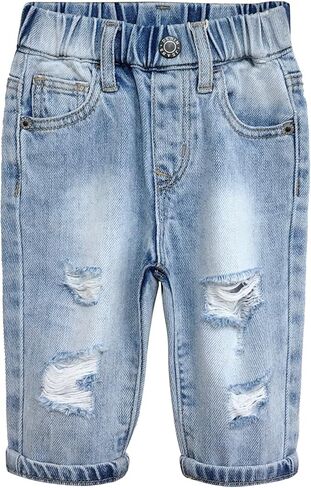 KIDSCOOL SPACE Infant Jeans,Baby Toddler Elastic Waist with D-Ring Ripped Denim Pants in Kuwait