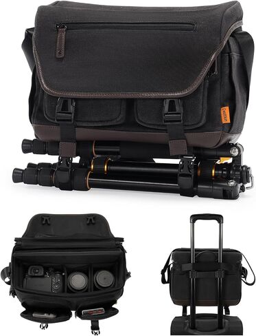 Cwatcun Camera Bag, Vintage Canvas Flap Camera Messenger Bag for Photography with Tripod Holder, DSLR/SLR/Mirrorless Camera Case Professional, Camera Shoulder Bag Compatible with Canon/Nikon/Sony-L in Saudi Arabia