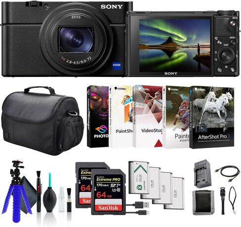 Sony Cyber-Shot DSC-RX100 VII Digital Camera DSC-RX100M7, 2 x 64GB Memory Card, Case, 3 x NP-BX1 Battery, Card Reader, LED Light, Corel Photo Software, HDMI Cable, Charger, and More in Saudi Arabia