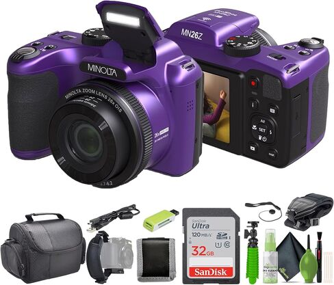 Minolta 20 Mega Pixels 26x Optical Zoom Digital Camera with 1080p FHD Video Bundle with 32 GB Memory Card + Vlogging Tripod + Cleaning kit + More Accessories - Purple in Saudi Arabia