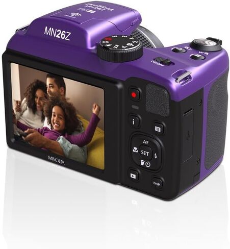 Minolta 20 Mega Pixels 26x Optical Zoom Digital Camera with 1080p FHD Video Bundle with 32 GB Memory Card + Vlogging Tripod + Cleaning kit + More Accessories - Purple in Saudi Arabia