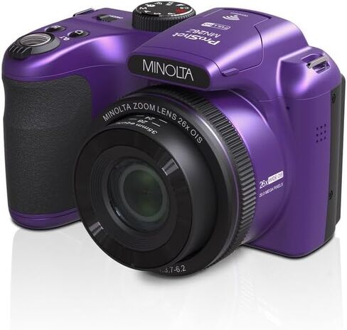 Minolta 20 Mega Pixels 26x Optical Zoom Digital Camera with 1080p FHD Video Bundle with 32 GB Memory Card + Vlogging Tripod + Cleaning kit + More Accessories - Purple in Saudi Arabia