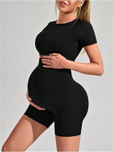 SweatyRocks Women's Maternity 2 Piece Outfits Cut Out Short Sleeve Crop Top and Shorts Set in Saudi Arabia