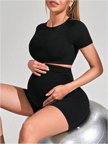 SweatyRocks Women's Maternity 2 Piece Outfits Cut Out Short Sleeve Crop Top and Shorts Set in Saudi Arabia
