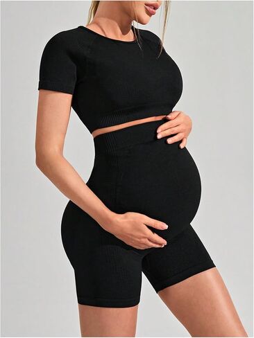 SweatyRocks Women's Maternity 2 Piece Outfits Cut Out Short Sleeve Crop Top and Shorts Set in Saudi Arabia