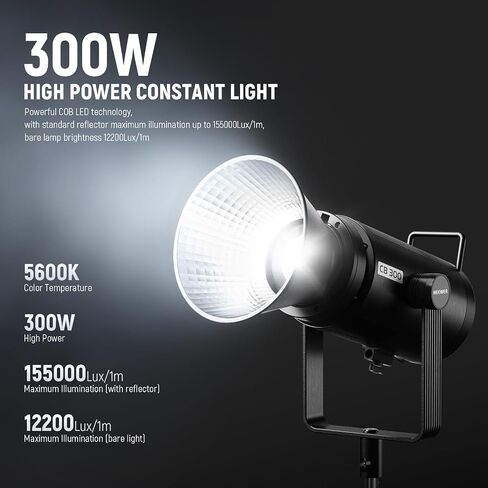 NEEWER 300W LED فيديو ضوء مع عاكس، حامل Bowens، 155000Lux/1m 5600K COB إضاءة الإخراج المستمر CRI97+/TLCI97+ ضوء كشاف استوديو قابل للتعتيم، APP/2.4G/تحكم على متن الطائرة لتسجيل الأفلام، CB300 in Saudi Arabia