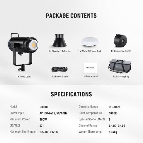 NEEWER 300W LED فيديو ضوء مع عاكس، حامل Bowens، 155000Lux/1m 5600K COB إضاءة الإخراج المستمر CRI97+/TLCI97+ ضوء كشاف استوديو قابل للتعتيم، APP/2.4G/تحكم على متن الطائرة لتسجيل الأفلام، CB300 in Saudi Arabia