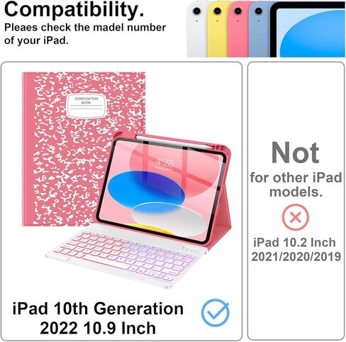 حافظة لوحة مفاتيح Supveco لجهاز iPad الجيل العاشر 10.9 بوصة مع حامل قلم رصاص - [زوايا عرض متعددة]، غطاء لوحة مفاتيح قابل للطي بإضاءة خلفية لاسلكية قابلة للفصل لجهاز iPad الجيل العاشر 2022 - أسود in Kuwait