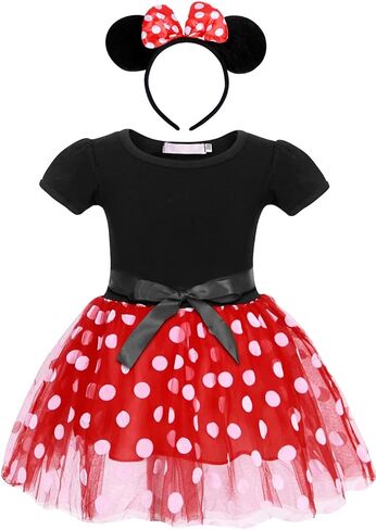 Red/Hot Pink Polka Birthday Outfit & Mouse Ears Headwrap for Infant & Baby Girls in Saudi Arabia