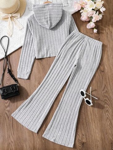 GORGLITTER Girl's 2 Piece Outfits Set Ribbed Knit Long Sleeve Hoodie Sweatshirt and Flare Pants in Saudi Arabia