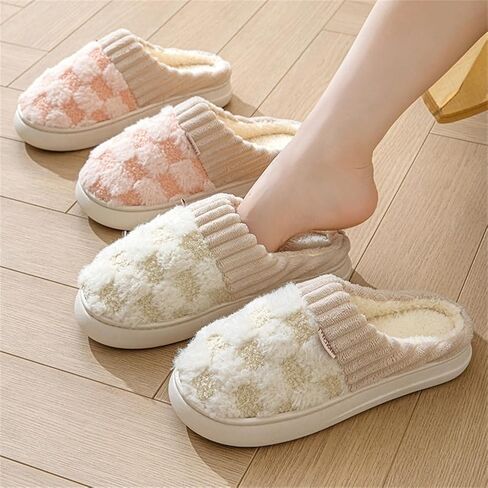 Cute Slippers Checkered Slippers Kawaii Home Slippers Fluffy Slippers Fuzzy Slippers Unisex in Saudi Arabia