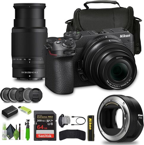 كاميرا Nikon Z30 عديمة المرآة مع عدسات 16-50 مم و50-250 مم + حقيبة ناعمة + طقم تنظيف + محفظة بطاقة ذاكرة + بطاقة Extreme PRO سعة 64 جيجابايت + حزام يد + محول تثبيت حامل ثلاثي القوائم مرن FTZ II (تم تجديده) in Saudi Arabia