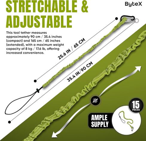 حبل أدوات ByteX مكون من 15 قطعة مع مشبك معدني واحد ونهاية حلقة قابلة للتعديل، الطول القياسي، الحد الأقصى للوزن 8 كجم 17.6 رطل in Kuwait