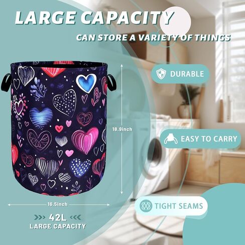 Hand Drawn Love Hearts Pattern Laundry Hamper With Handles Foldable Oxford Cloth Tote Bag Colorful Laundry Basket Clothes Toy Storage Bucket 18.9" x 16.5" For Bathroom/Laundry/Bedroom in Saudi Arabia