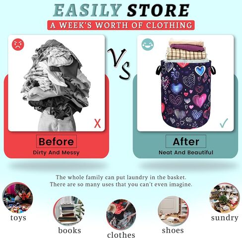 Hand Drawn Love Hearts Pattern Laundry Hamper With Handles Foldable Oxford Cloth Tote Bag Colorful Laundry Basket Clothes Toy Storage Bucket 18.9" x 16.5" For Bathroom/Laundry/Bedroom in Saudi Arabia