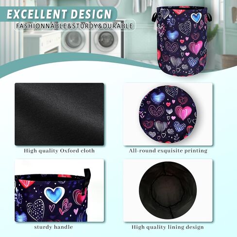 Hand Drawn Love Hearts Pattern Laundry Hamper With Handles Foldable Oxford Cloth Tote Bag Colorful Laundry Basket Clothes Toy Storage Bucket 18.9" x 16.5" For Bathroom/Laundry/Bedroom in Saudi Arabia