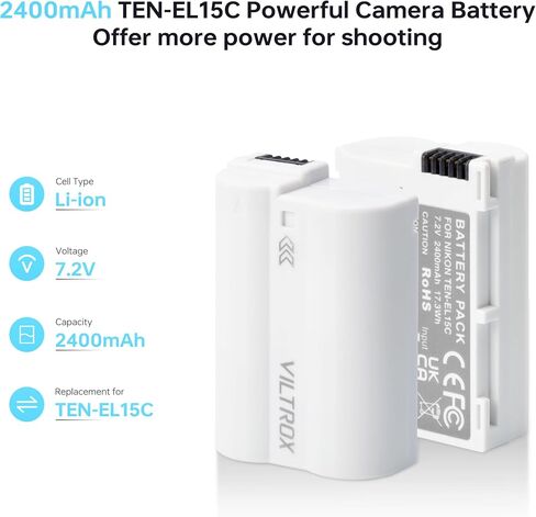 VILTROX 2 Pack EN-EL15C Replacement Batteries 2400mAh USB-C Fast Charging Rechargeable Camera Battery Compatible with Nikon Zf,Z5,Z6,Z6II,Z7,Z8,D500,D600,D610,D750,D780,D800/E,D810/A,D850,D7000,1 V1 in Saudi Arabia