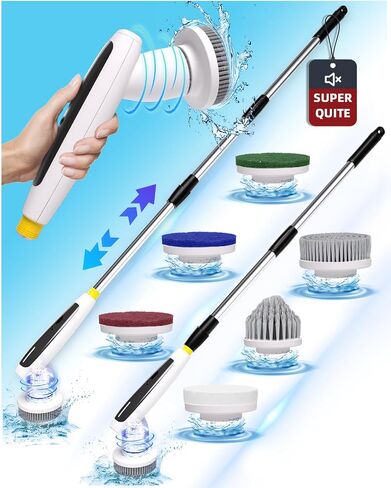 Electric Spin Scrubber, 2024 New Super Quiet Power Cleaning Brush for Bathroom Floor Tile with Long Handle, Cordless Shower Brush with 7 Replaceable Brush Heads, 120Mins Work Time, Dual Speeds in Saudi Arabia