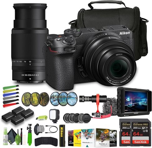 Nikon Z30 Mirrorless Camera with 16-50mm and 50-250mm Lenses + 3X ENEL25 Replacement Battery + LED Light + 2X 64GB Card + UV Filter + Photo Editing Software + Mic + External Monitor + More (Renewed) in Saudi Arabia