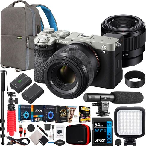 Sony a7C II Full Frame Mirrorless Camera Body + 50mm F1.8 Lens ILCE-7CM2/S Silver + SEL50F18F Bundle with Deco Gear Photography Backpack + Extra Battery + Microphone + LED + Monopod & Accessories Kit in Saudi Arabia