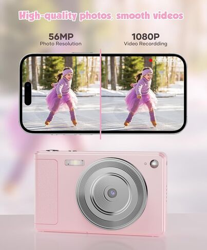 كاميرا رقمية بدقة 56 ميجابكسل، كاميرا FHD 1080P Point & Shoot مع بطاقة SD سعة 32 جيجابايت، بطاريتان وحبل قصير، مثالية للأطفال والمراهقين، هدية مناسبة للفتيات in Kuwait